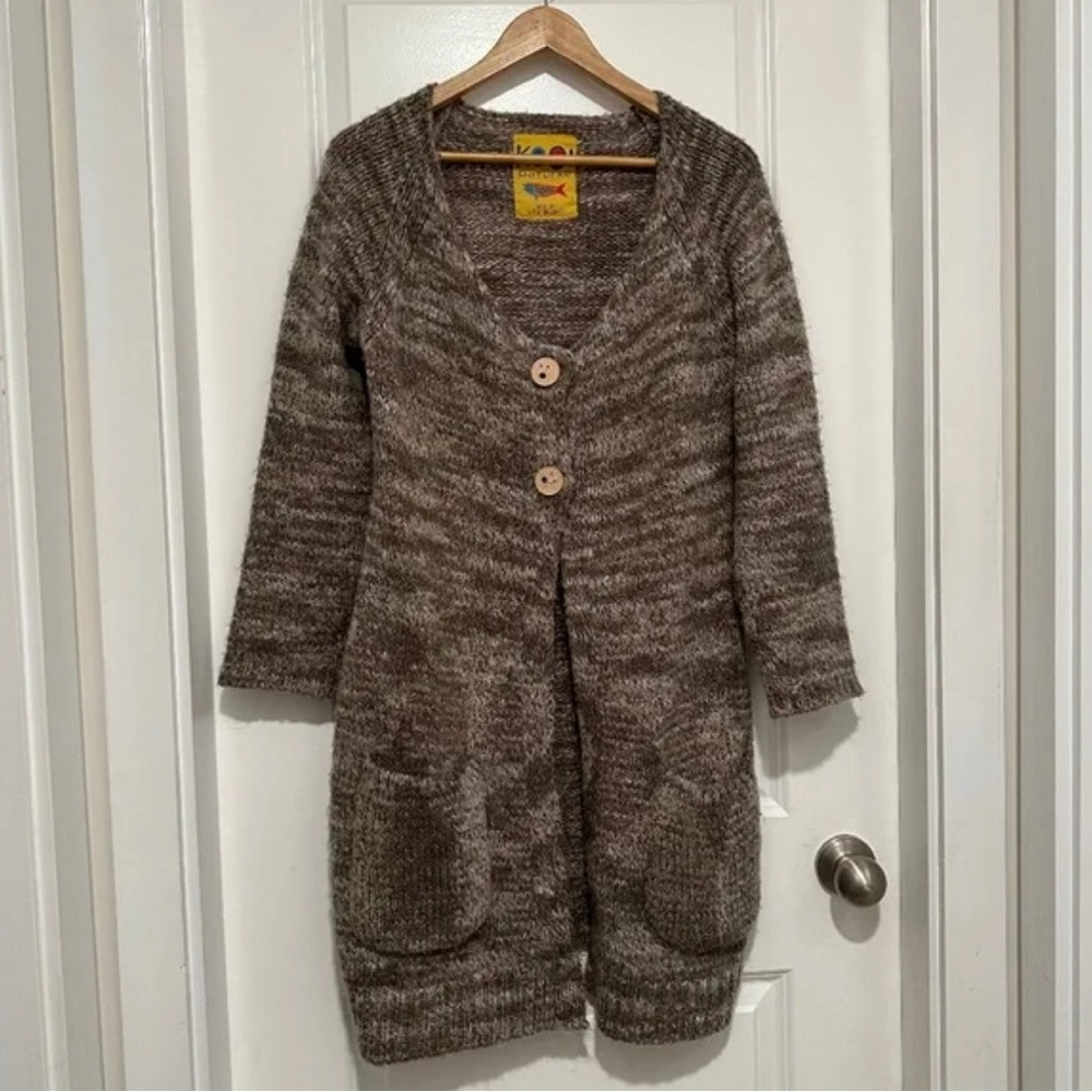 Kooi | Kooi Knitwear Women’s Large Unique Boho Button Cardigan Beige Brown Cream